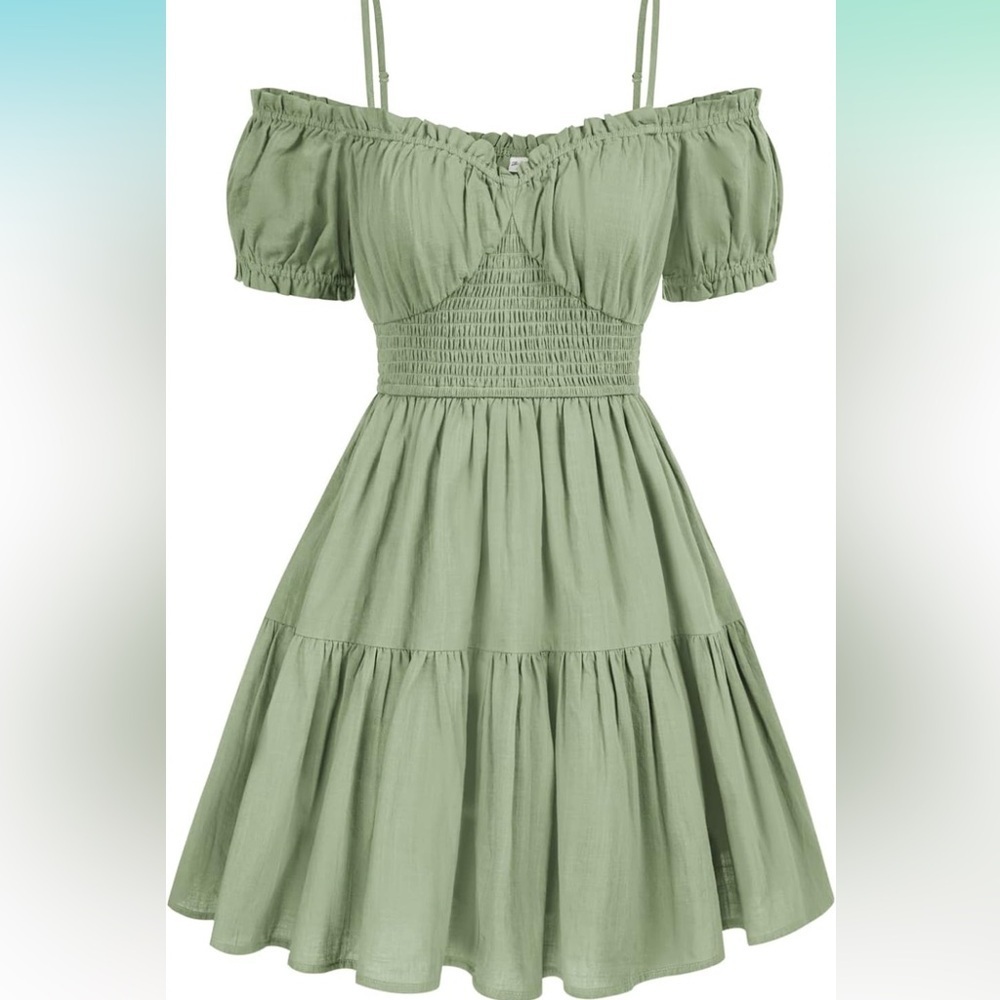 Zexxxy Womens Summer Off Shoulder Mini Dress Spaghetti Strap Ruffle Puff Sleeve - Picture 4 of 6